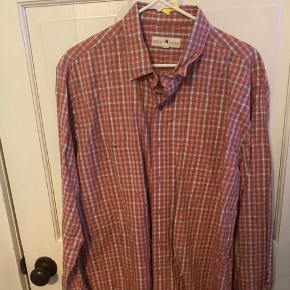 Duck Head Men's Plaid Button-Down Shirt - Size XL Rust Red, white and blue plaid